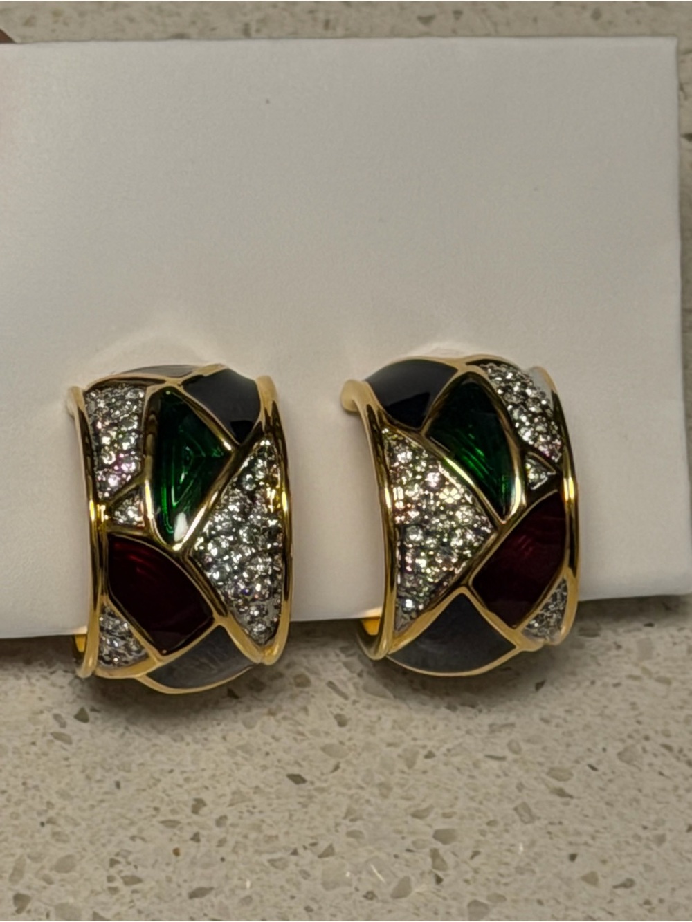 Vintage Swarovski Gold Pavé Clip-on Hoop Earrings Green and Burgundy Accents
